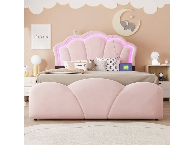  Lit coffre 140x200 velours beige avec rangement hydraulique, led et prises intégrées sans matelas  - Conforama B