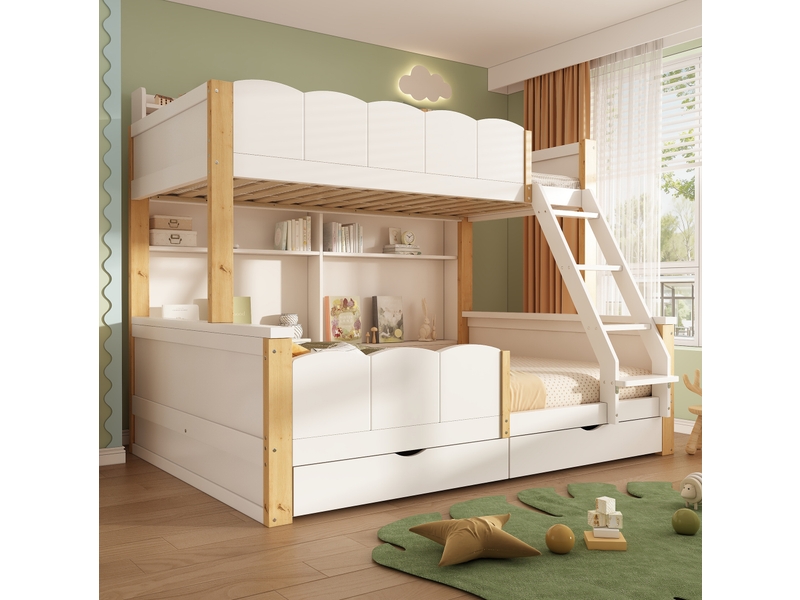 Lit superposé 90x200+140x200 cm avec rangements coloris blanc et chêne - Conforama D
