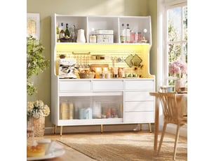 Buffet ulevr de rangement avec led et commande par application, 145x39x171 cm, portes coulissantes en verre strié, mdf métal verre, blanc
