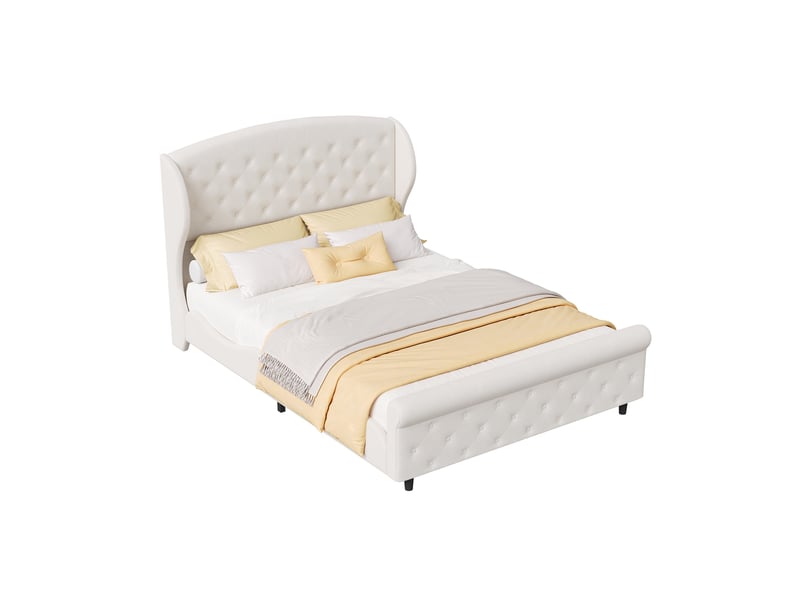  Lit 140x200cm - lit double 140x200 - rembourré velours avec tête &amp; pied capitonnés chesterfield &amp; sommier à lattes - beige  - Conforama A