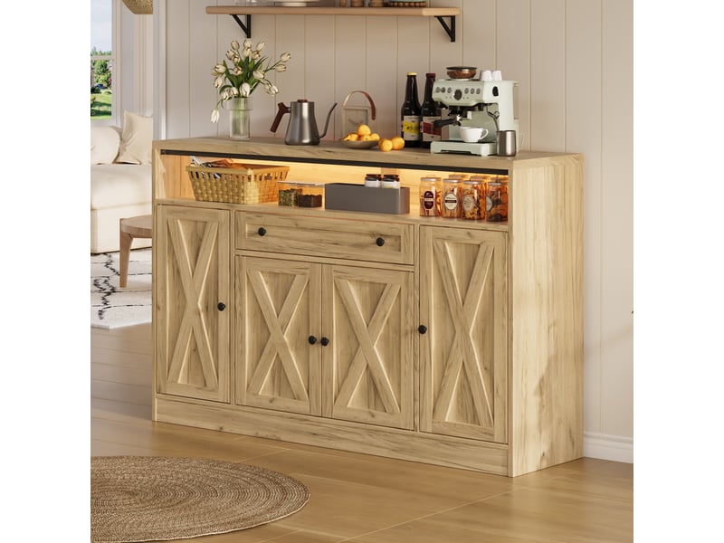 Buffet bas 140x35x95 cm bois naturel avec led rgb, 4 portes style grange, tiroir, étagères de rangement, meuble cuisine salle à manger moderne - Conforama C