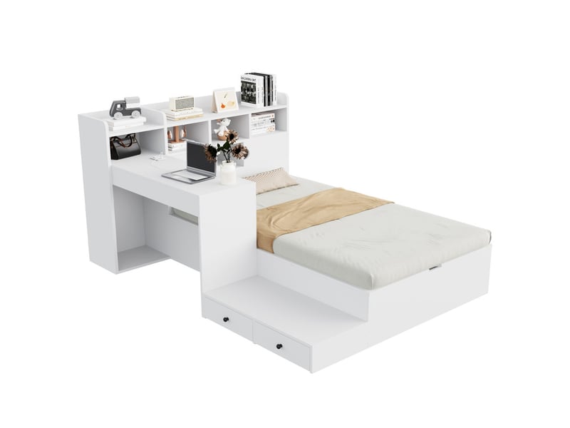 Lit enfant en bois, 90 x 200 cm, espace de rangement hydraulique, tête de lit avec rangement, bureau, éclairage led, blanc LDF00750AAK - Conforama A