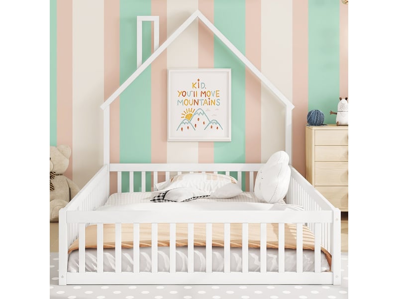  Lit enfant 140x190, sécurité lit cabane enfant, design cheminée, blanc épuré  - Conforama B