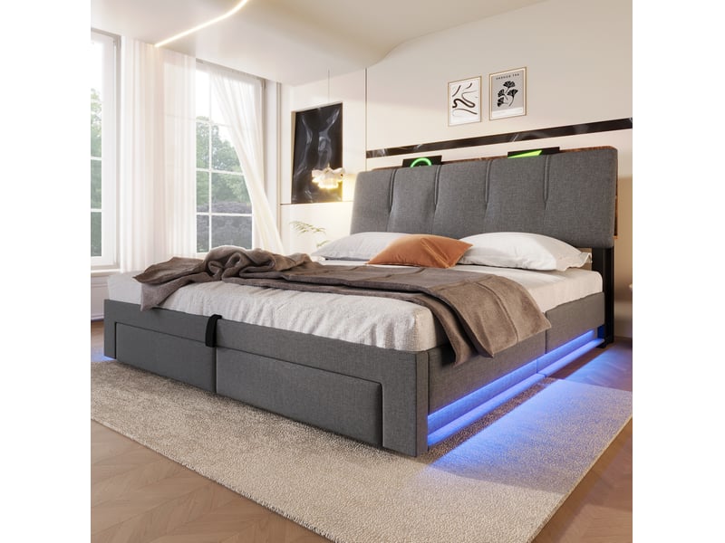  Lit coffre 140x200 cm avec led et tiroirs, usb et type-c coloris gris  - Conforama B