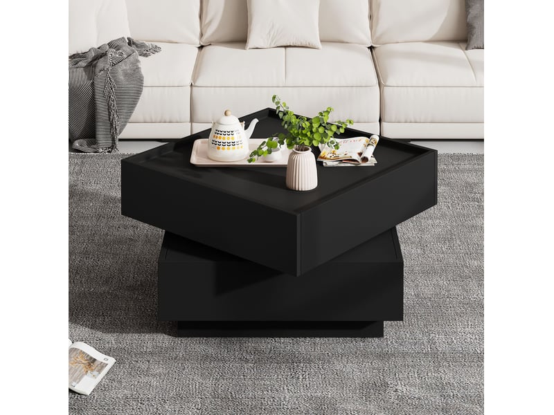  Table basse pivotante 360° noire avec 2 tiroirs - 60 x 60 x 38 cm  - Conforama B