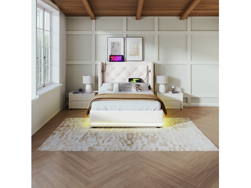  Lit coffre 90x200 cm beige en coton avec usb et type-c, tête de lit rembourrée et led sans matelas  - Conforama D