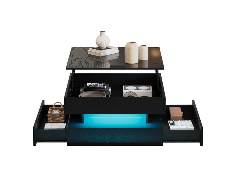  Table basse relevable noire 65x65 cm, table de salon carrée avec led, rangement caché et 2 tiroirs  - Conforama R