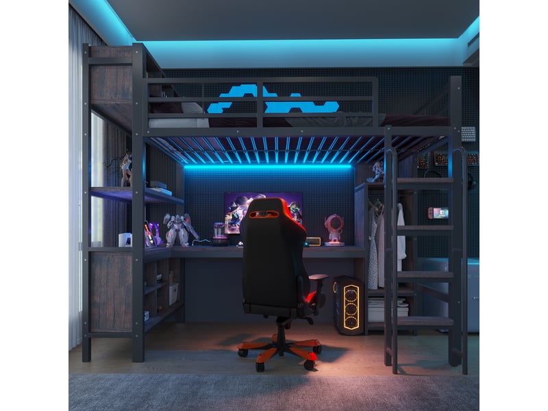  Lit mezzanine gaming 140x200 cm avec bureau intégré,armoire,étagères,led,prises européennes,barrière de sécurité haute,noir  - Conforama C
