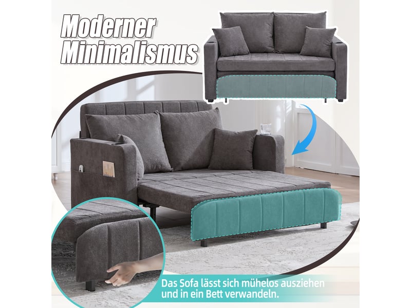  Canapé convertible 2 places avec poches latérales et porte-gobelets  - fonction lit, usb, chenille grise  - Conforama E