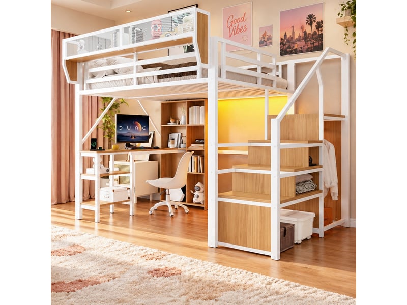  Lit mezzanine 140x200 cm avec escalier de rangement, bureau intégré, bibliothèque ouverte, étagère haute, led, prise et garde-corps, métal, blanc Morn Vibe - Conforama B