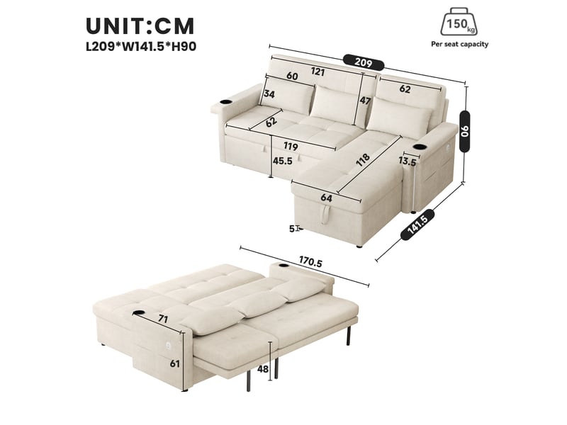  Canapé d'angle convertible avec fonction couchage, led, usb, coffre de rangement, en chenille beige  - Conforama E