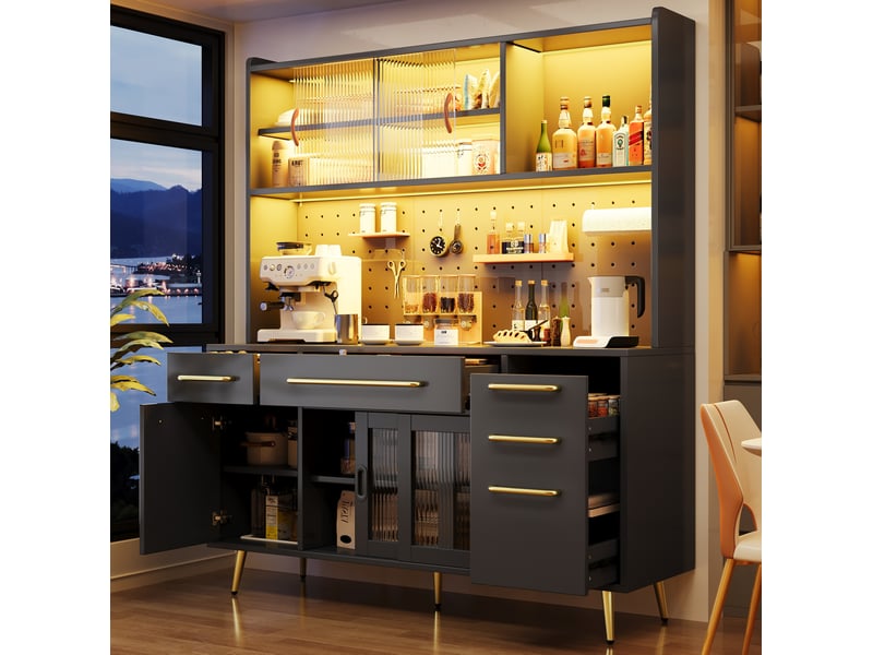  Meuble buffet rangement cuisine salon 145 cm noir mdf verre led portes coulissantes homvra  - Conforama C