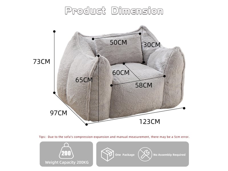  Fauteuil poire 1 place - 123x97x73cm - avec oreiller de confort - pouf géant en fourrure synthétique gris  - Conforama E