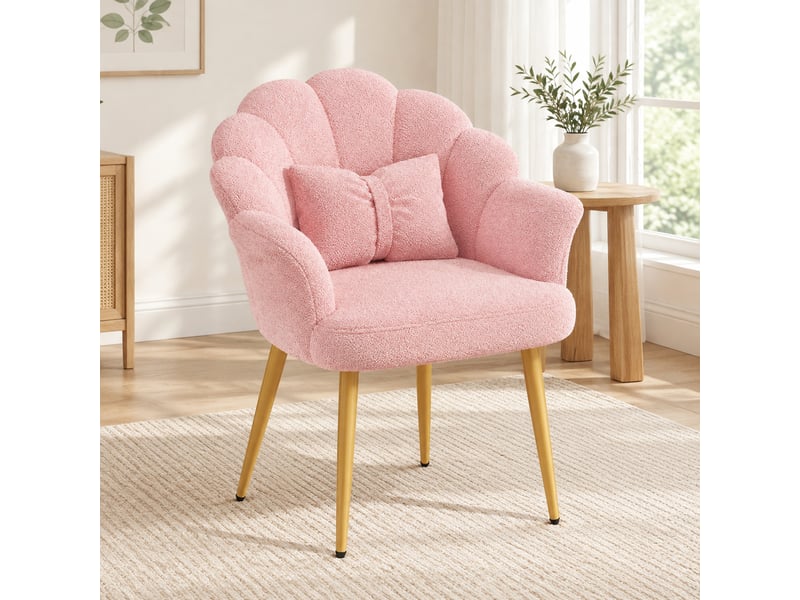  Fauteuil de salle à manger 1 place à dossier pétale en tissu teddy rose, pieds dorés  - Conforama C