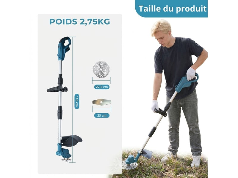  Taille-haie débroussailleuse sans fil 650w, 2 batteries 2000 mah, lames 9 (circulaire 40t et losange), écran d'affichage numérique, outil robuste et polyvalent pour jardin  - Conforama C