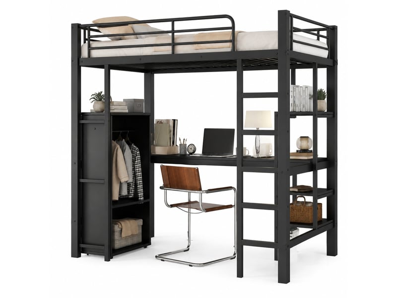  Lit superposé mezzanine 90x200 cm avec bureau, armoire et étagères, noir  - Conforama A