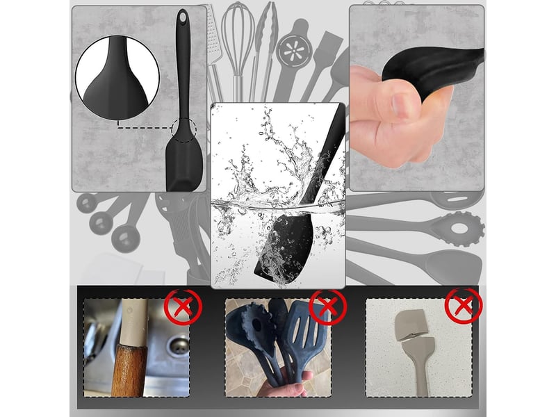 Set de 43 ustensiles de cuisine,meulva,37x15x15 cm,avec support,silicone,noir - Conforama E