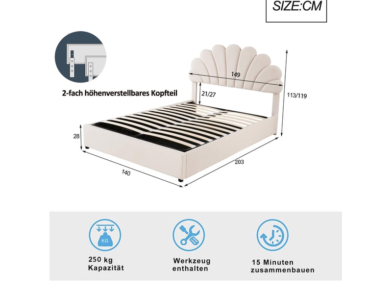  Lit enfant 140x200cm, lit 2 places, lit coffre, sommier et tête de lit intégrée, velours beige, sans matelas  - Conforama C