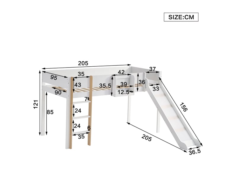  Lit mezzanine enfant 90x200 cm avec toboggan, échelle et étagère blanc naturel  - Conforama E