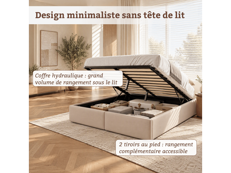  Lit coffre 160x200 sans tete de lit, cadre en lin - 12 lattes - montage rapide et facile - grand espace de rangement en dessous - capacité de charge 350 kg, lin beige  - Conforama E