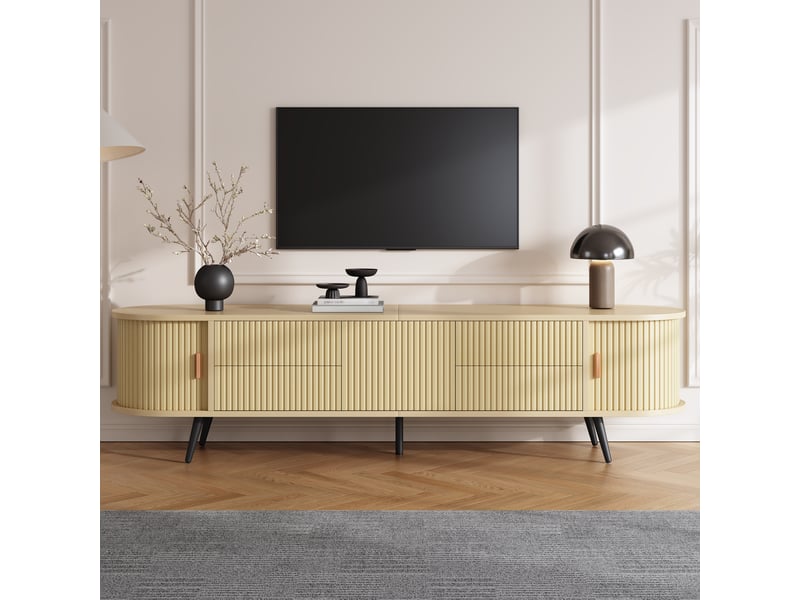  Meuble tv ovale en bois 180 cm avec porte coulissante et 4 tiroirs, support pour écran jusqu'à 80 pouces, naturel  - Conforama B