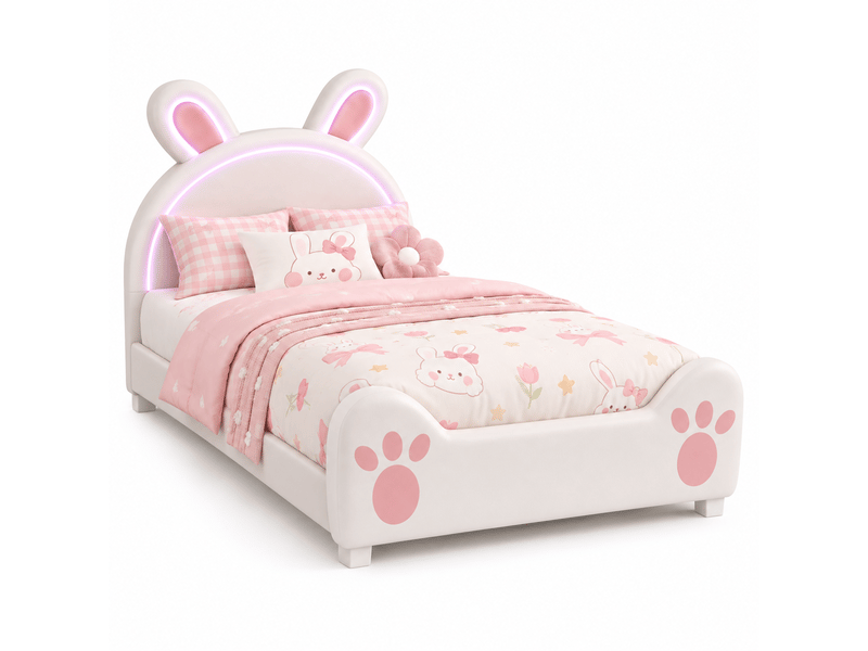 Lit fille 90x200 - oreilles de lapin led réglable et tête de lit- sommier à lattes - lit enfant rembourré princesse, lit enfant 90x200 avec sommier led, oreilles de lapin et tête de lit - lit fille 1 personne, design princesse m… - Conforama A