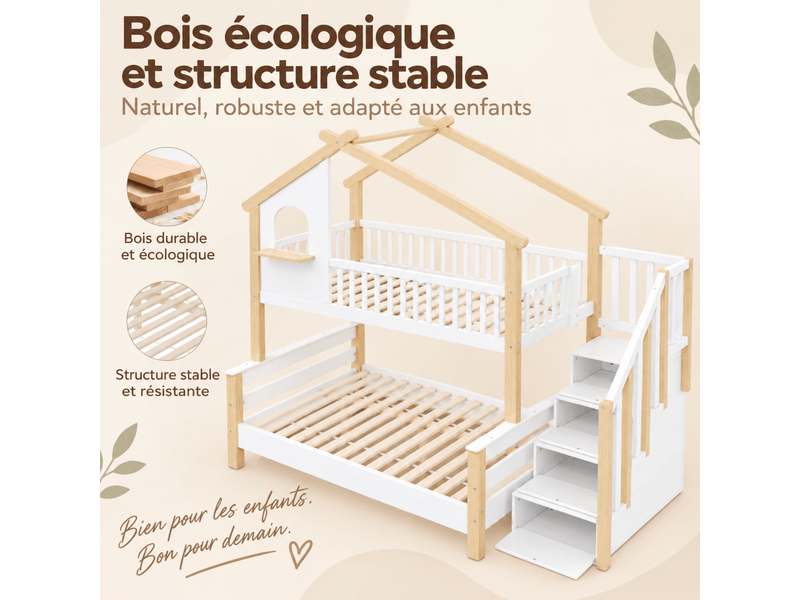 Lit superposé cabane 90 x 190 et 120 x 190 cm avec escalier de rangement, lit enfant en bois blanc naturel avec garde-corps et sommier à lattes - Conforama E