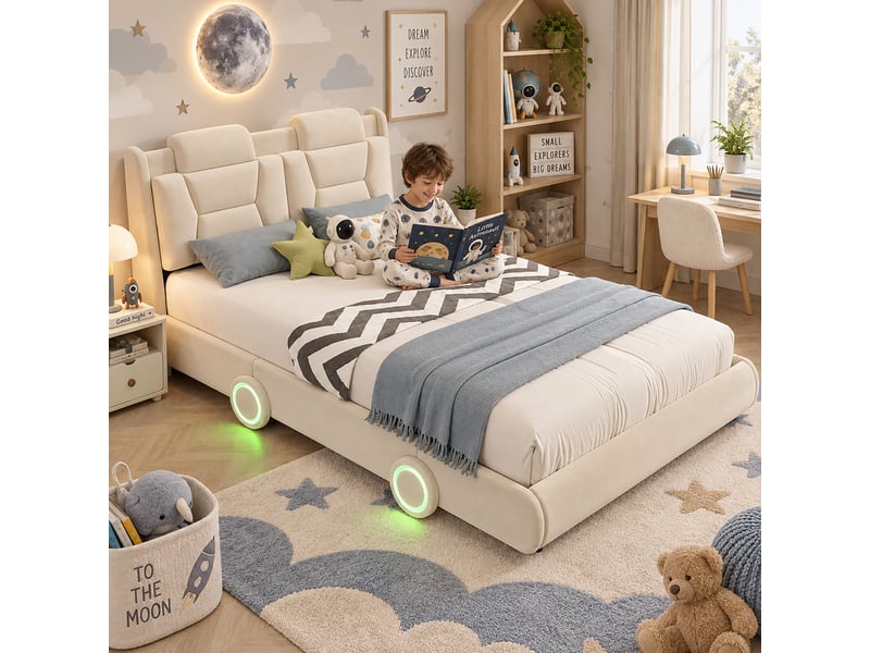  Lit enfant lit voiture 140x200 cm beige tissu  - Conforama B