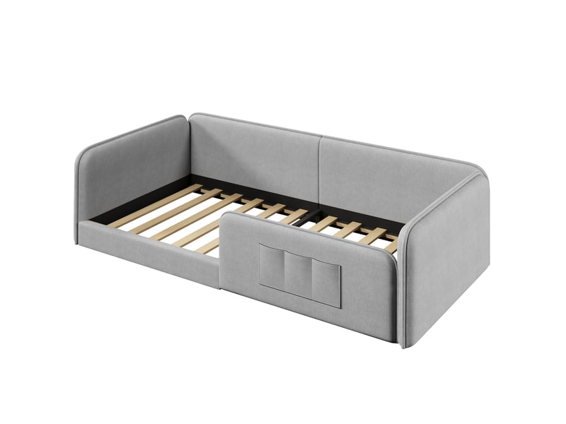  Lit d'enfant 90 x 200, avec un couvre-lit en lin doux et des barrières de sécurité sur tout le pourtour,gris  - Conforama R