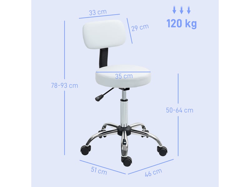 Tabouret pivotant blanc avec dossier et roulettes pour salon de beauté ou studio de tatouage hauteur réglable - Conforama C