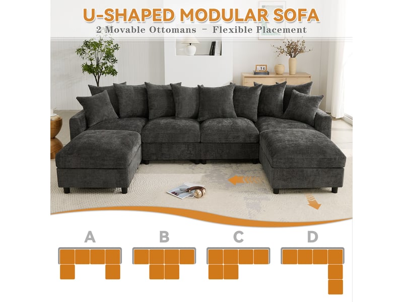 Canapé d’angle modulable ul 6 places gris, chenille gaufrée, 2 poufs, usbtype-c, 8 coussins réglables + 2 déco - Conforama D