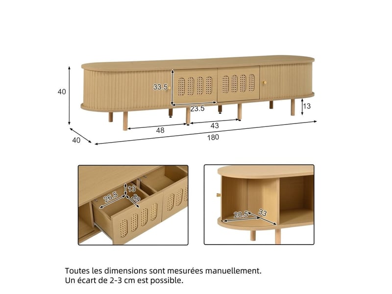  Meuble tv ovale 180 x 40 x 40 cm bois clair mdf effet rotin 2 portes 2 portes coulissantes salon  - Conforama E