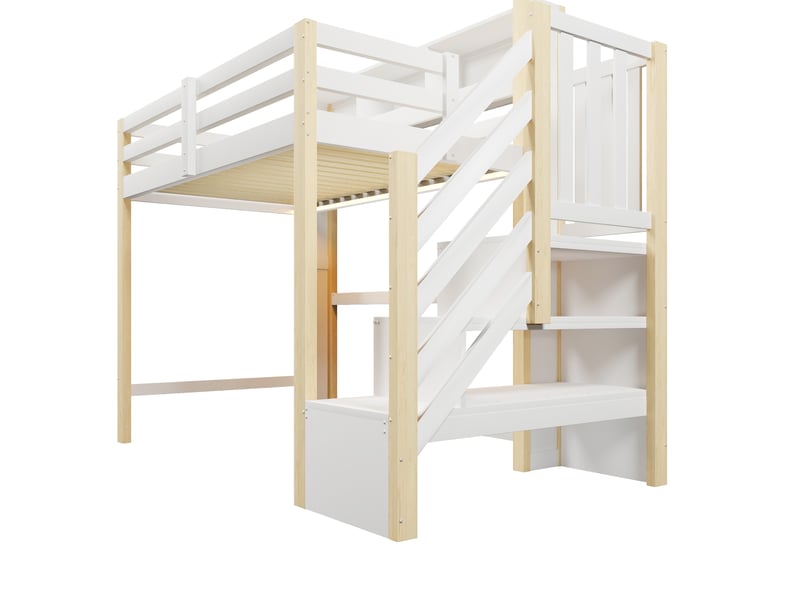  Lit mezzanine blanc et naturel 90x200 cm, led, espace inférieur et escalier-rangement  - Conforama D