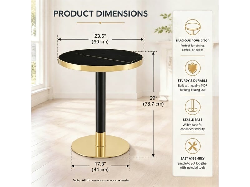  Table basse ronde avec plateau effet marbre et bord doré, piètement métal noir, pour salon, ø 60 cm × 73,7 cm  - Conforama D