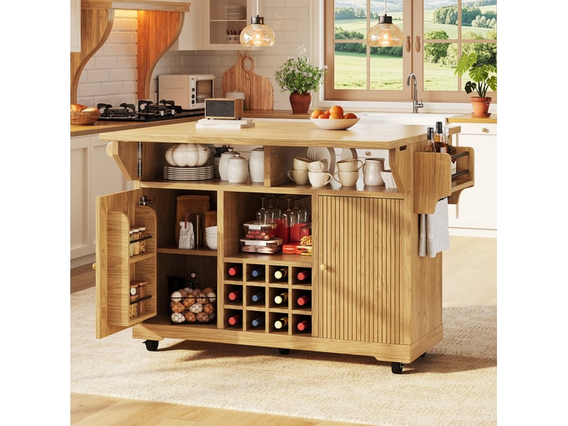 Desserte de cuisine 142,5 x 80 x 95 cm coloris bois clair, mdf et métal, plateau extensible sur roulettes - Conforama B