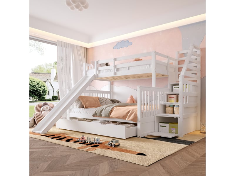 Lit superposé 90x200 sur 140x200 avec toboggan et tiroirs, lit superposé blanc multifonction en bois massif pour enfants. - Conforama D