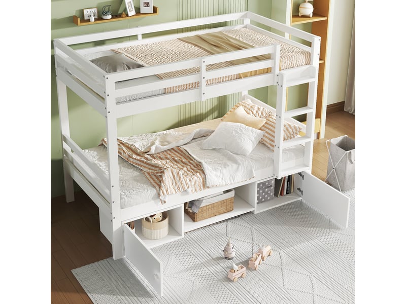  Lit superposé 90x200 cm, structure en bois, coloris blanc, rangements intégrés, séparable en 2 lits, conception fonctionnelle, cadre fonctionnel  - Conforama E