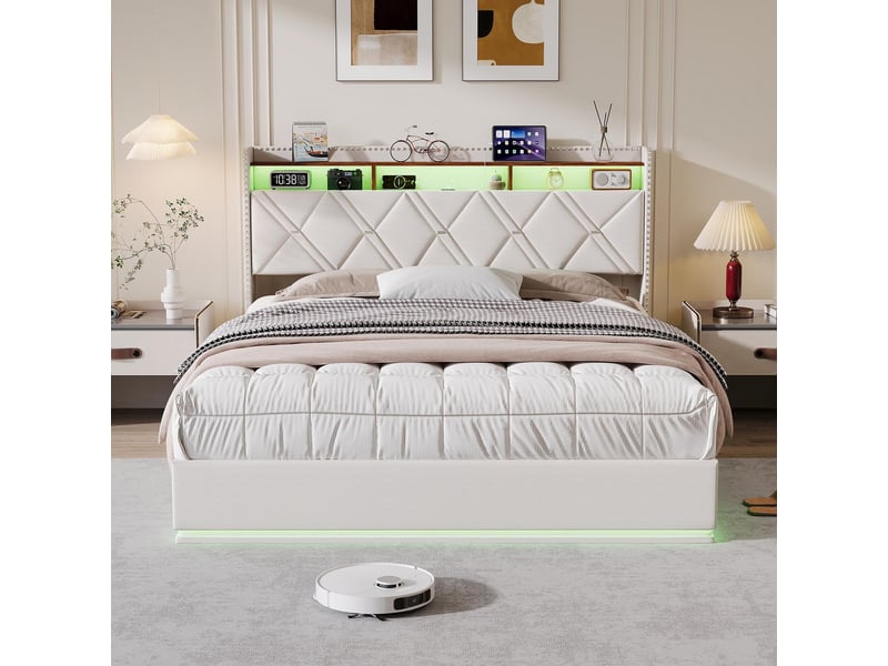  Lit coffre 140x200, lit double capitonné avec éclairage led et ports usbtype-c, tête de lit avec rangement, lit adulte, tissu lin, style moderne avec rivets, beige  - Conforama D