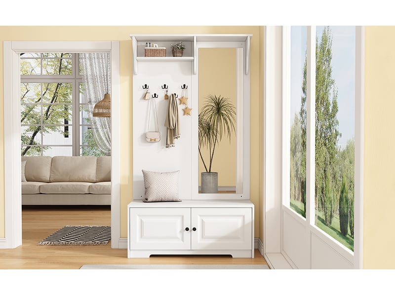  Penderie mobile - armoire (n625p338341342w) 100 x 40 x 180 cm avec miroir, 5 patères, 2 placards et une étagère, blanc  - Conforama E