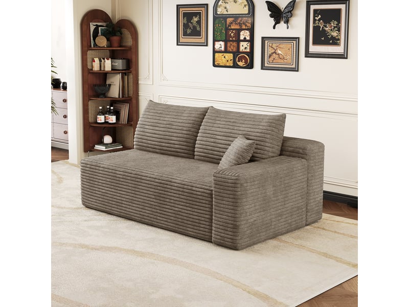Canapé 2 places camel en velours côtelé, canapé droit pour salon, assise moelleuse en mousse haute élasticité, 151 x 90 x 58 cm - Conforama E