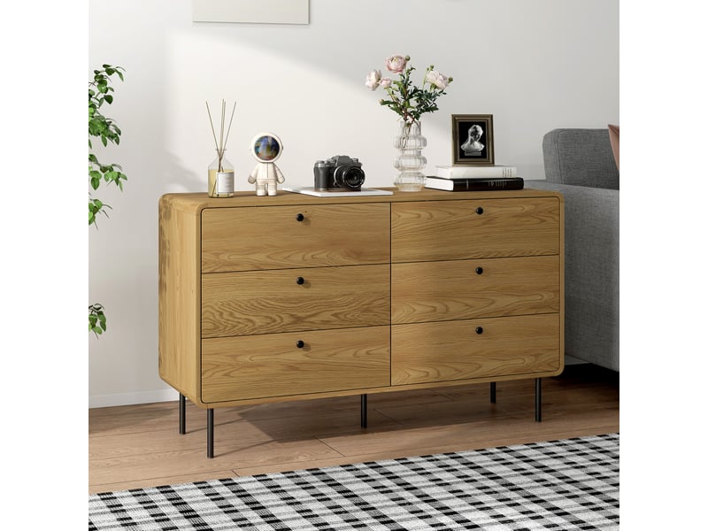  Commode 6 tiroirs meuble de rangement style moderne coins arrondis et pieds en acier 120 x 40 x 75cm effet bois de chêne  - Conforama D