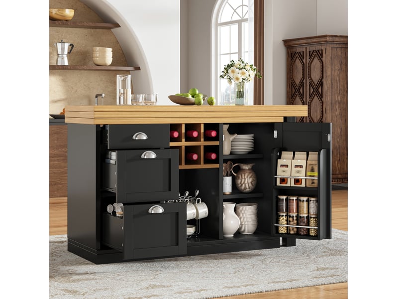  Îlot de cuisine extensible 120x40x74 cm noir, mdf, pivotant à 360°, avec rangement, casier à vin, tiroir et poignées métalliques  - Conforama D