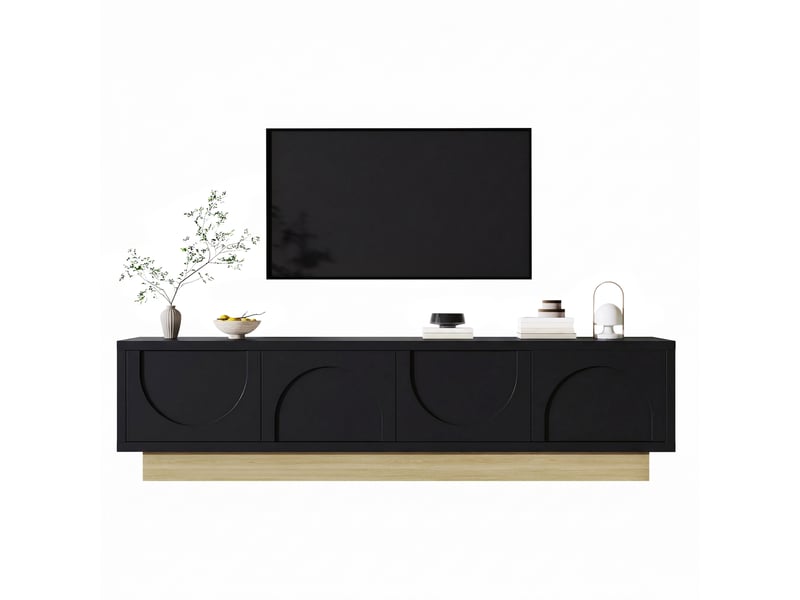  Meuble tv ulevr 175 cm avec rangement, 4 portes push-to-open et passe-câbles, mdf noir avec socle décor bois  - Conforama A