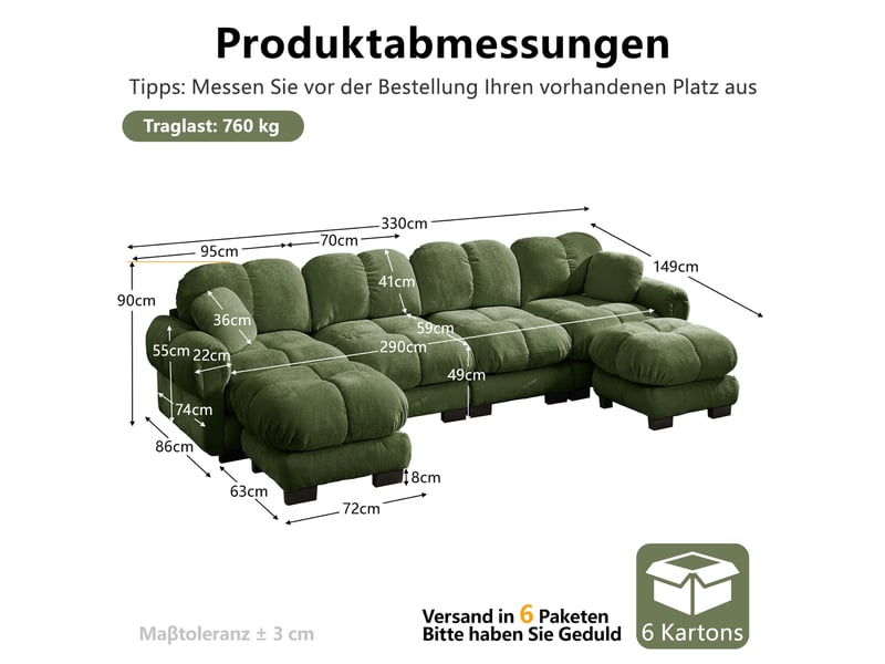  Canapé panoramique en u 4 places modulaire avec deux poufs mobiles - lpospi - dossier ergonomique chenille verte  - Conforama D