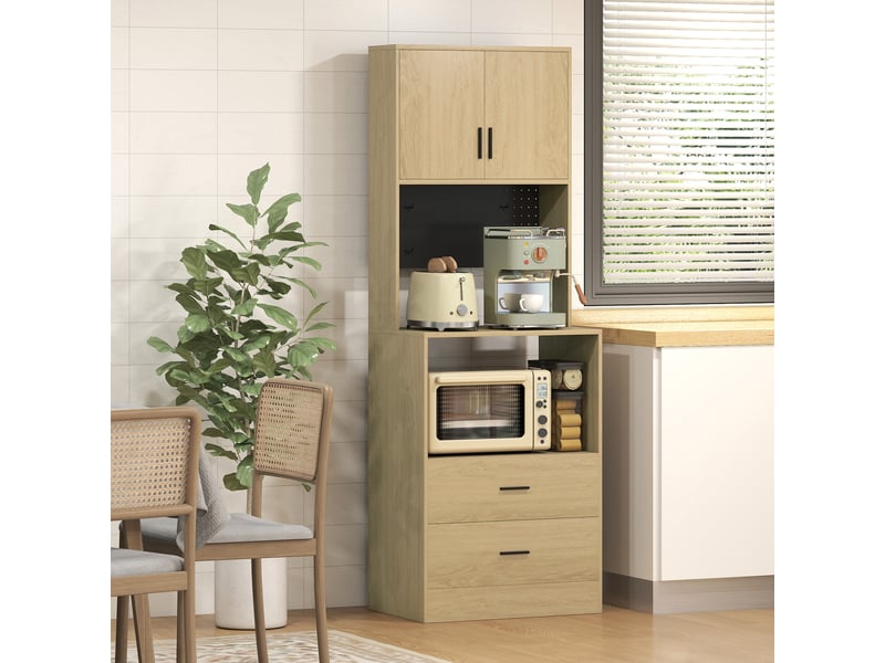 Meuble micro-ondes, buffet, 2 tiroirs, 2 portes, plan de travail, étagère réglable, panneau perforé, 4 crochets, naturel - Conforama A