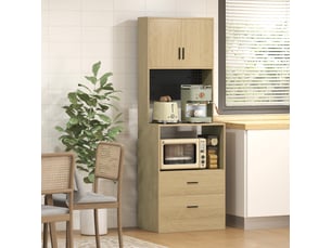 Meuble micro-ondes, buffet, 2 tiroirs, 2 portes, plan de travail, étagère réglable, panneau perforé, 4 crochets, naturel