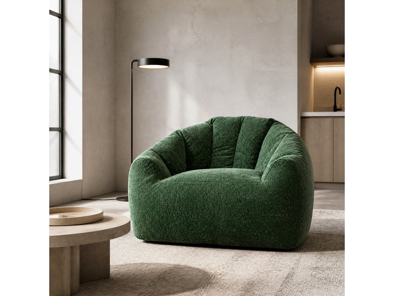  Fauteuil poire rond vert en tissu flanelle, soutien enveloppant pour vos moments de détente à la maison  - Conforama B