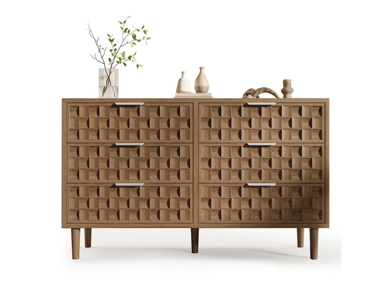  Buffet aspect chêne 120 cm, commode 6 tiroirs style mid-century avec poignées métal (sans matelas)  - Conforama A