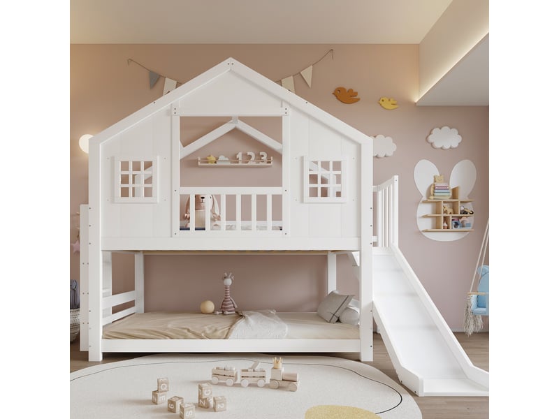  Lit superposé enfant 90 x 200 cm blanc avec toboggan design cabane fenêtre et toit garde-corps sommier à lattes pin mdf contreplaqué  - Conforama B