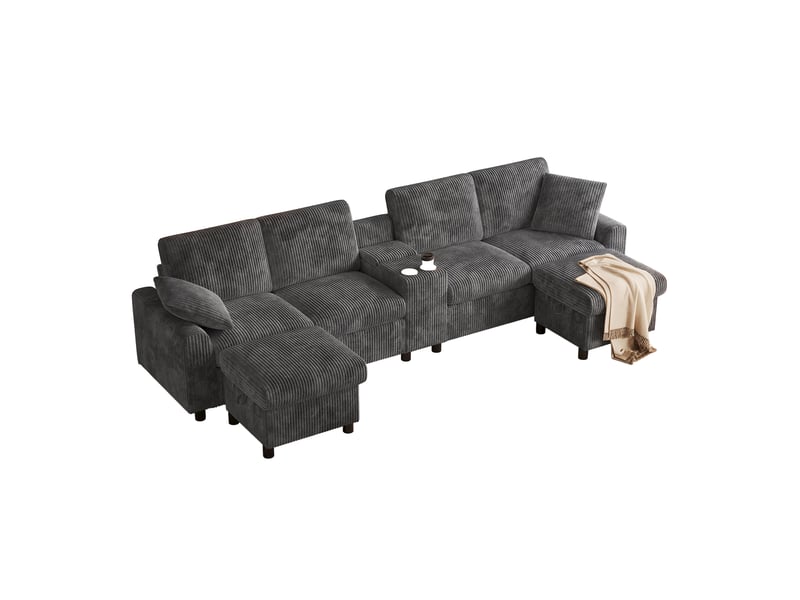  Canapé en u velours côtelé gris 4 places avec 2 poufs de rangement et ports usb  - Conforama A
